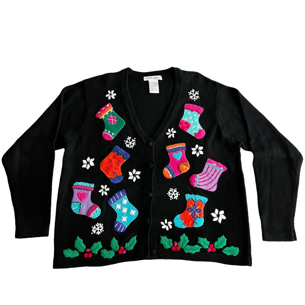 Victoria Jones Ugly Christmas Sweater Cardigan Stockings Snowflakes Applique, L